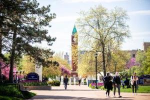 a view of the clocktower looking down the main campus pathway
