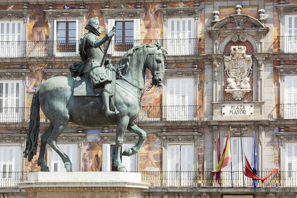 Spain A statue of Philip the third riding a horse in the Plaza Mayor in Madrid, Spain.