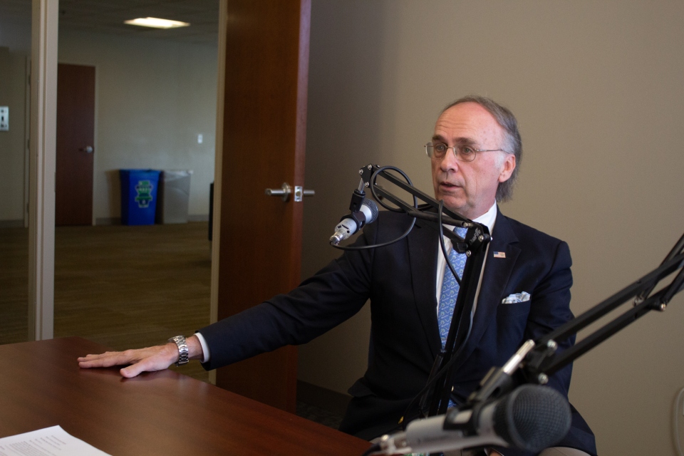 Greg Willard records a podcast at Scott Hall