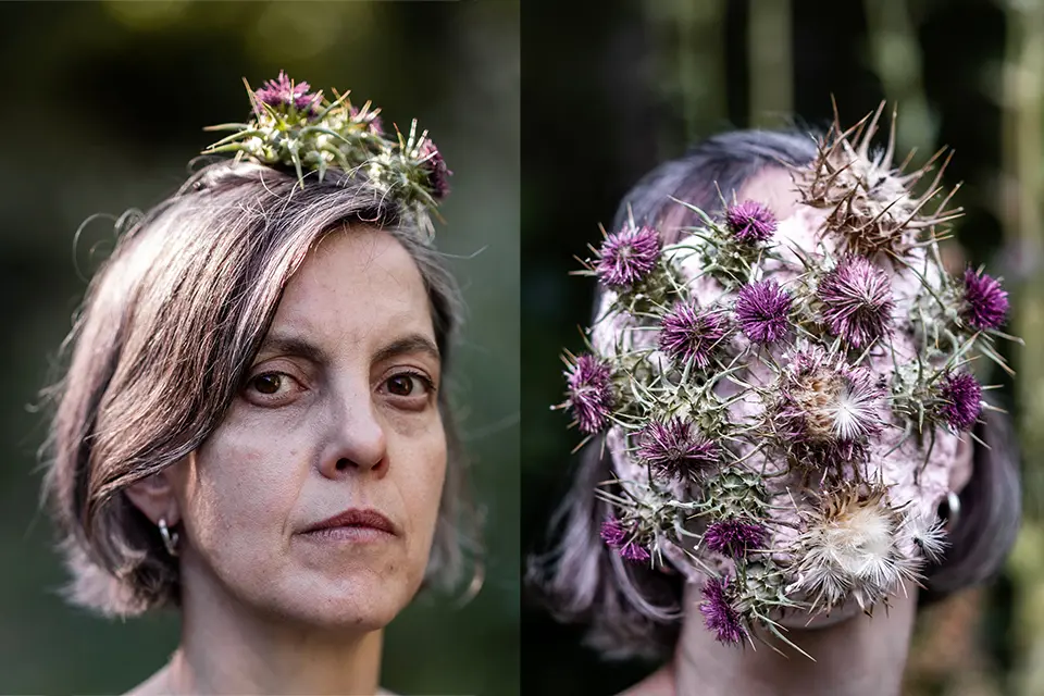 Fischer's self portraits Woman covering her face with dried thistles next to self portrait.