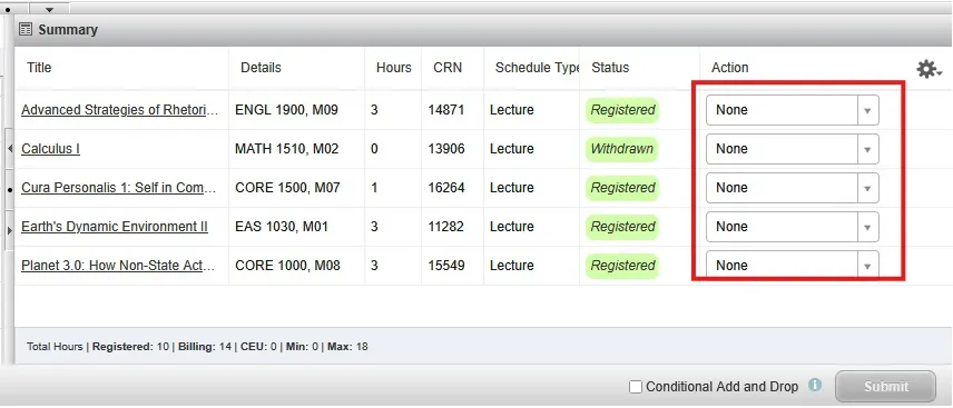 Banner Self Service - Student process detail Detail of the Banner Self Service - Student process with None selected as the action for each class.