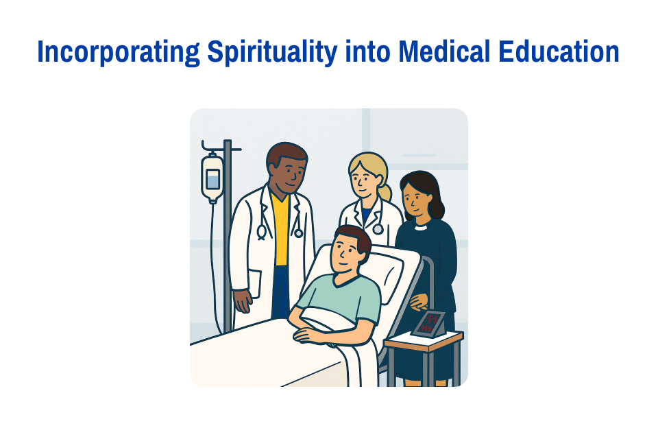 An image of a patient in a hospital bed recieving clinical care from a physician, student, and chaplain An image of a patient in a hospital bed recieving clinical care from a physician, student, and chaplain