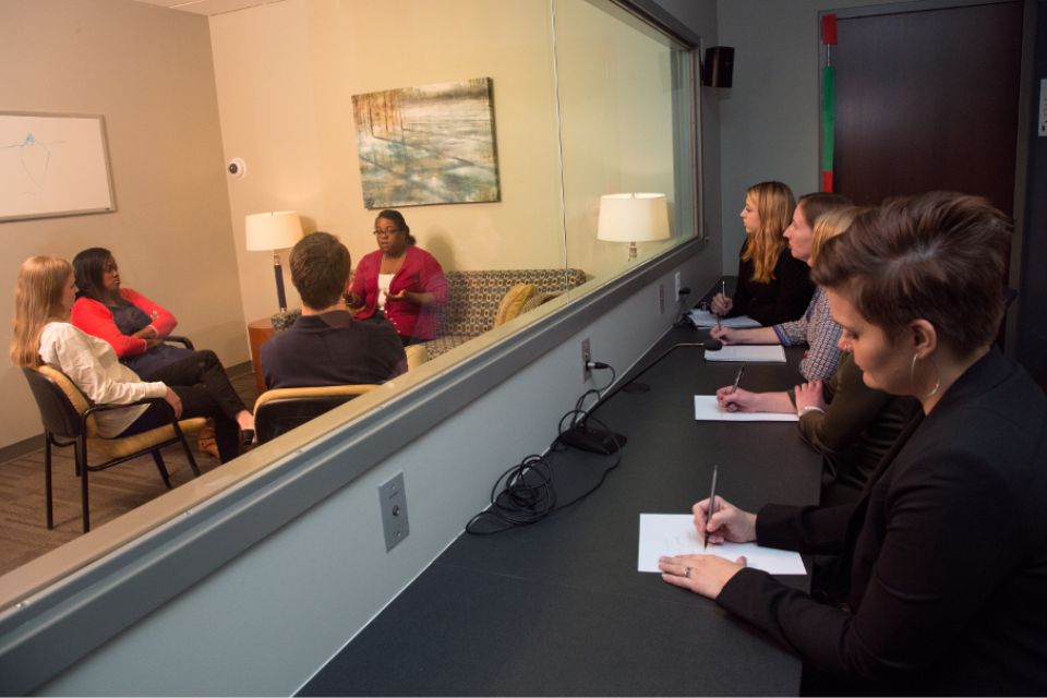 Staff and students observe a therapy session