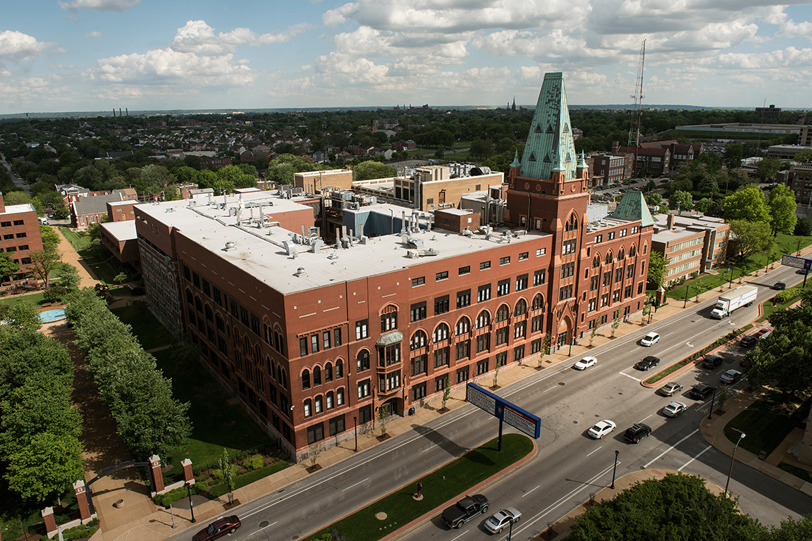 An exterior shot of Schwitalla Hall on a bright, sunny day.