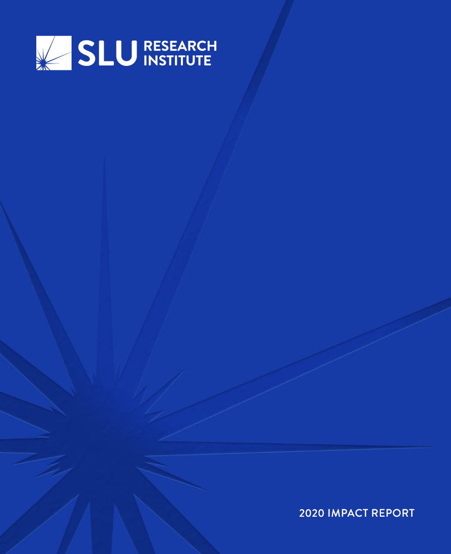 The cover of the 2020 SLU Research Institute Impact Report featuring a large blue spark against a blue background. The words "SLU Research Institute" are written in white in the top left corner.