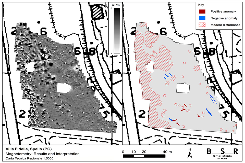 Scans of ground-penetrating radar and magnetometry surveys of the Villa Fidelia. Scans of ground-penetrating radar and magnetometry surveys of the Villa Fidelia, showing placement of potential structures..