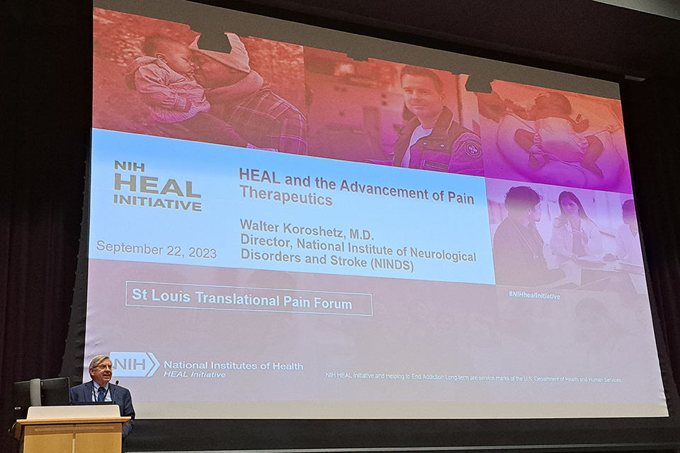 A speaker stands at a podium. A large screen reads N I H Heal Initiative September 22, 2023,  HEAL and the Advancement of Pain Therapeutics  Walter Koroshetz, M.D. Director, National Institute of Neurological Disorders and Stroke (NINDS)  St. Louis Translational Pain Forum