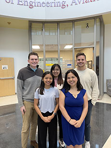 Joseph Capps, Connor Freeman, Andrea Regina Silva, Siyi Wang and Sherry Wisdom&nbsp;posed in McDonnell Douglas Hall